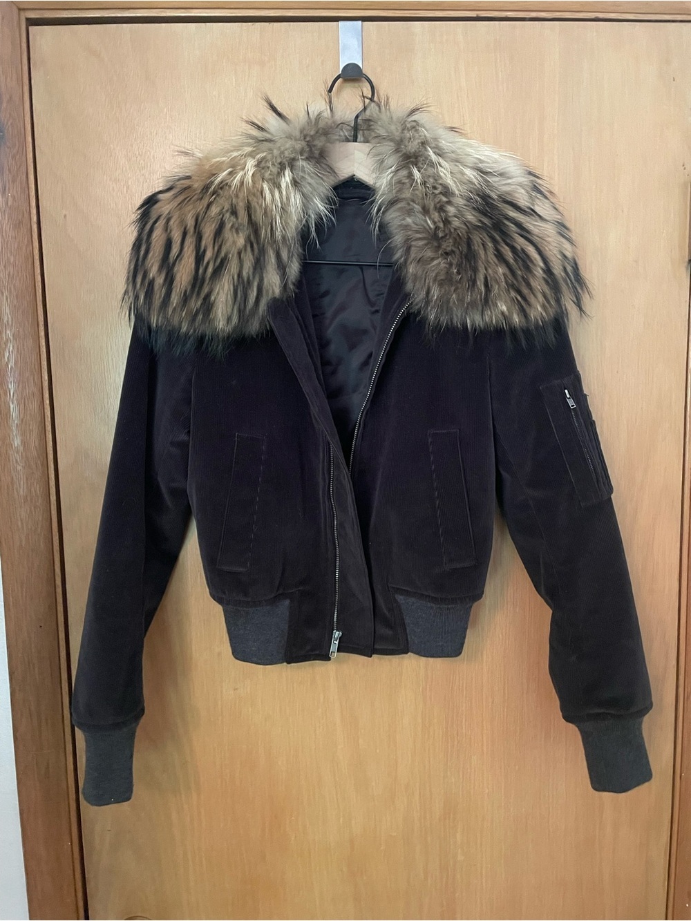 Y2K Theory Genuine Racoon Fur Collar Corduroy Jacket Size XS